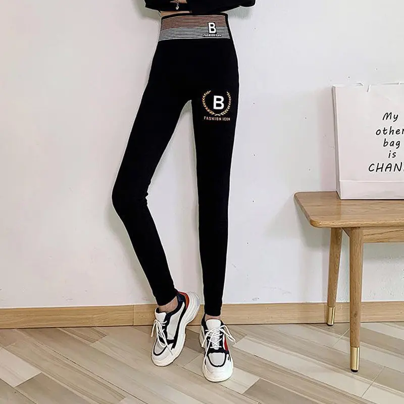 Pantaloni Legging a vita alta con stampa lettere nere donna 2022 nuova primavera autunno moda coreana Leggings Skinny senza cuciture elasticizzati