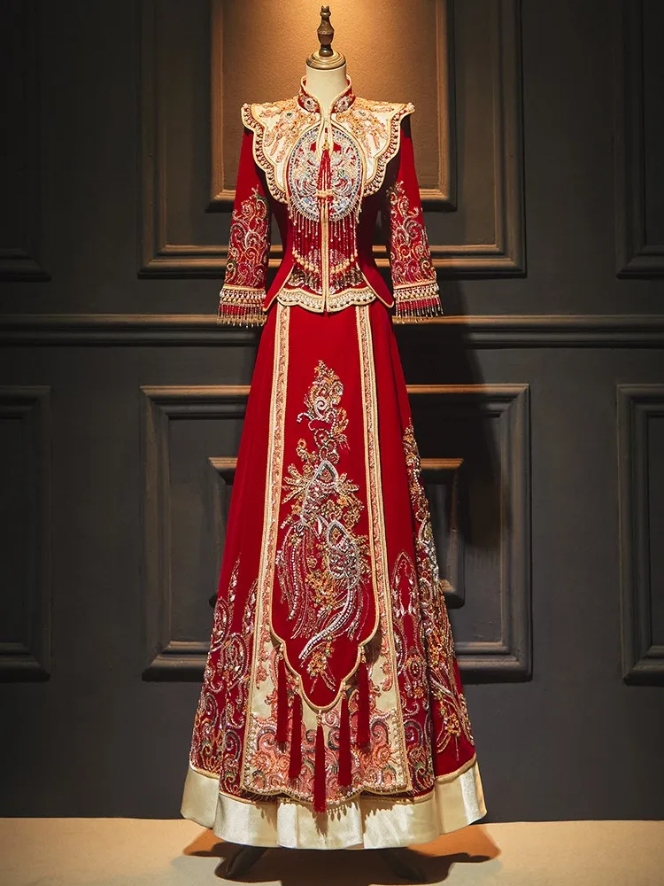 

Luxurious velvet dress new Chinese-style wedding dragon and phoenix gown bride's toasting