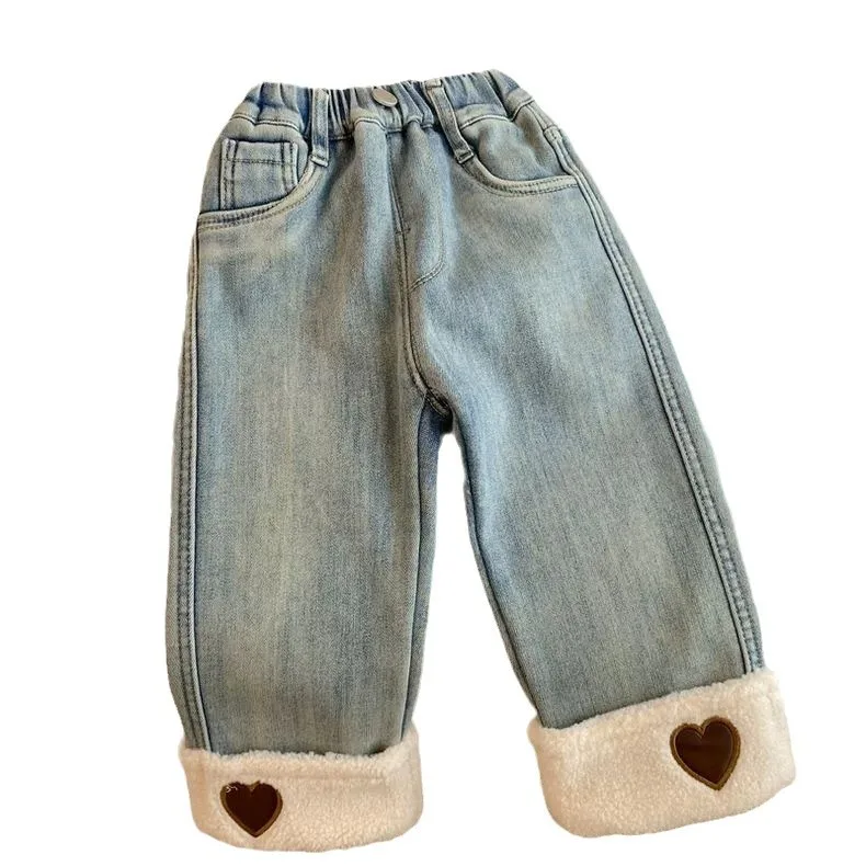 الفتيات الخريف الشتاء مستقيم الجينز الاطفال صوف مبطن بنطال ذو قصة أرجل واسعة القطن الخالص رشاقته الدافئة المتسكعون السراويل الاطفال الملابس