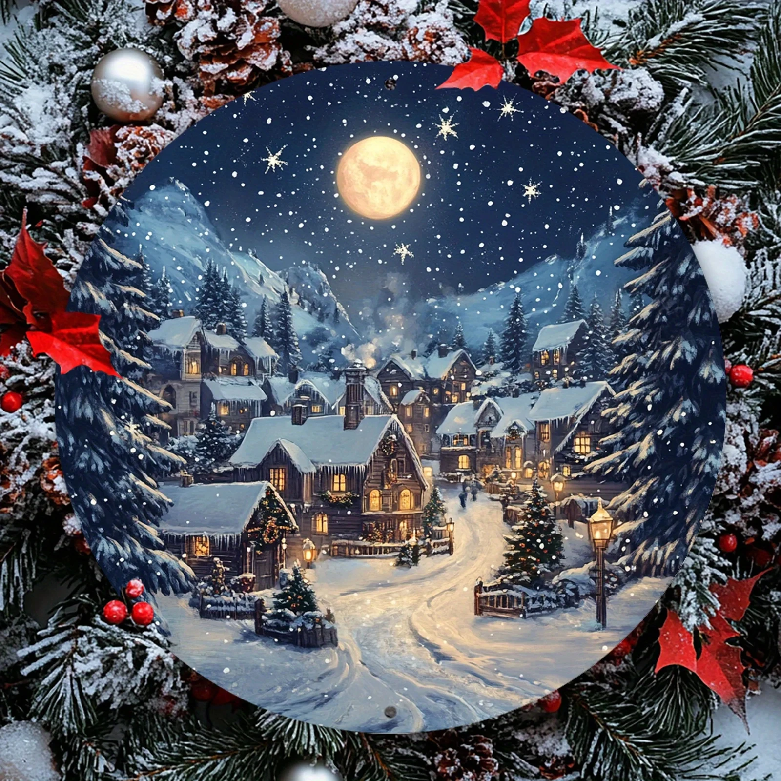 1 Piece of Vintage Aluminum Round Sign, Winter Night Snow Village Scene, Wall Hanging Decoration, Multi-Purpose 8x8inch Metal Garland, Non-Electric