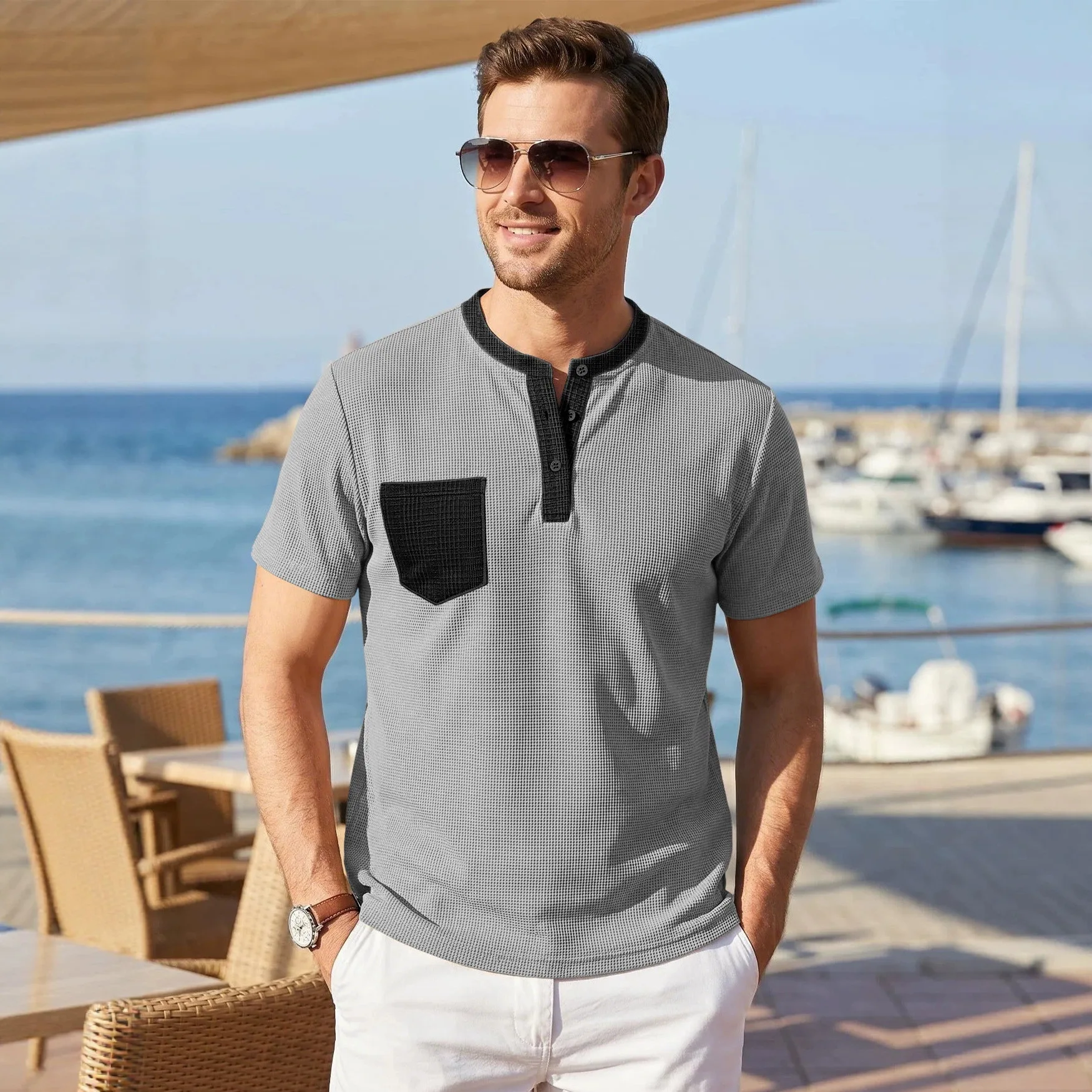 Men's Waffle Knit Contrast Henley T‑Shirt Short Sleeve Button Placket Chest Pocket Casual Summer Tops