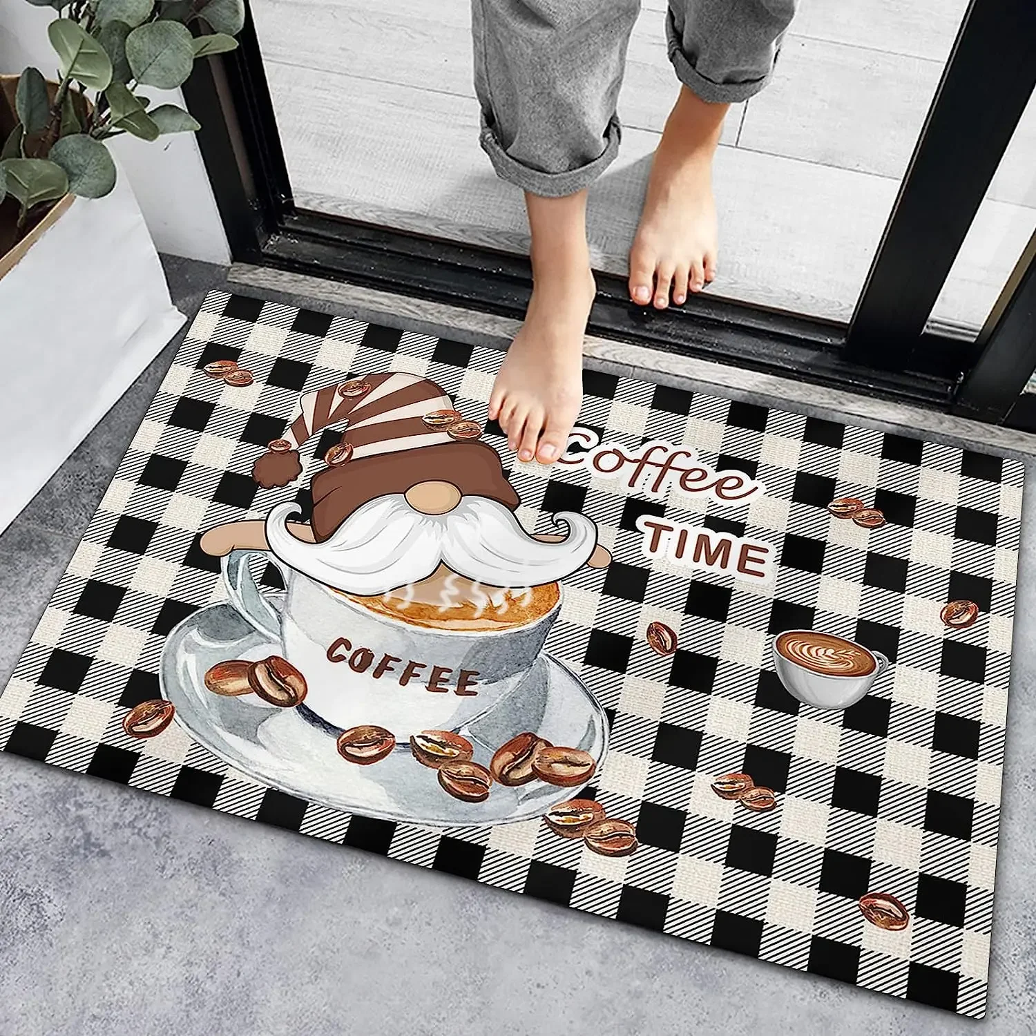 Kitchen Rug Coffee Time Quotes Gnome Dwarf Cup Bean Printed Floor Mats Anti-slip Long Strip Carpet for Bedroom Hallway Balcony