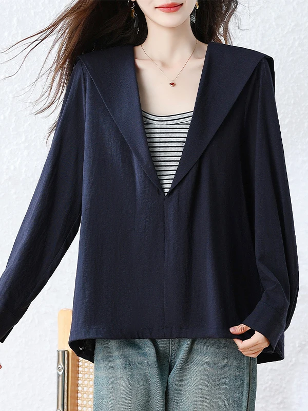 Casual Loose Long Sleeve Navy Collar Shirt Autumn New Style Big Size Anti-Aging Loose Fit Top Cover Belly Casual Shirt