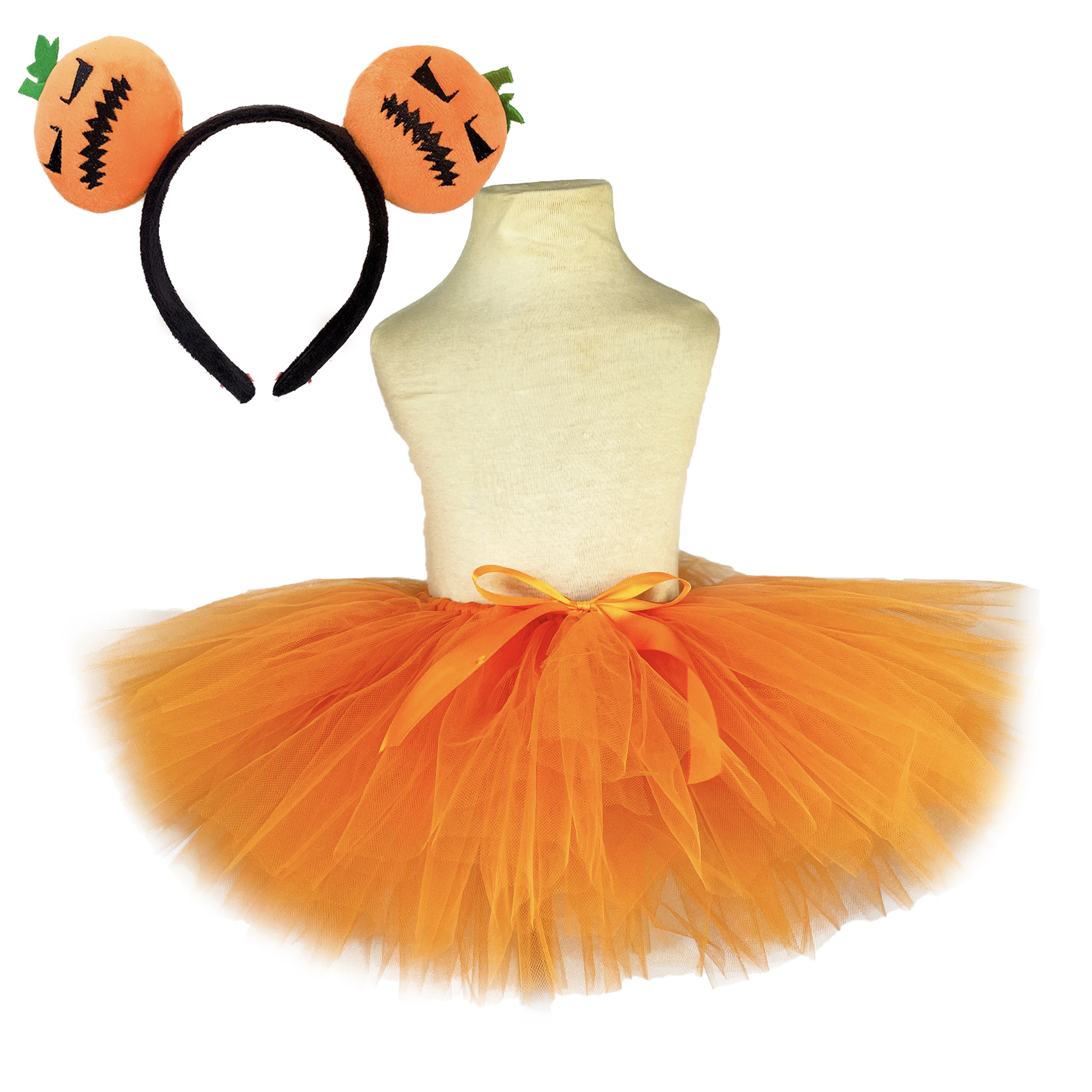 Girls Orange Pumpkin Tutu Skirts Baby Ballet Tulle Pettiskirts with Hairbow Kids Birthday Halloween Cosplay Party Costumes Skirt