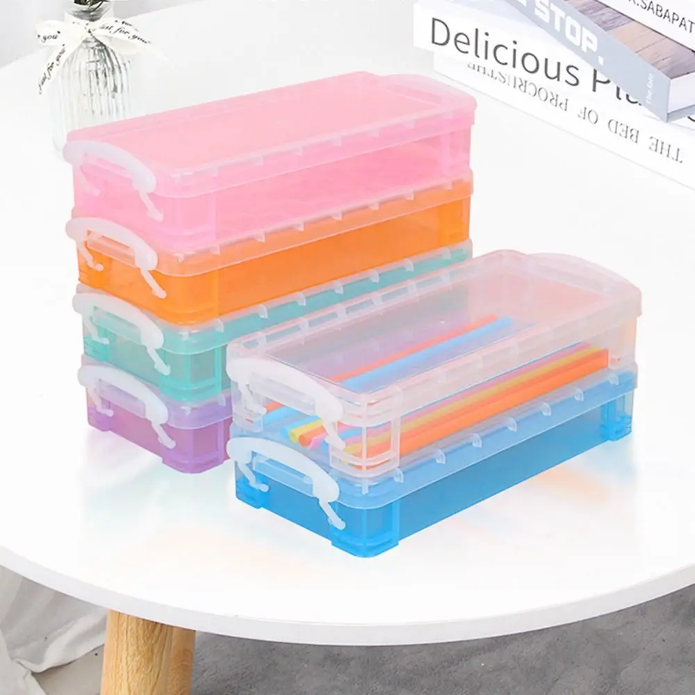 مقلمة شفافة ذات سعة كبيرة مع أبازيم بيضاء، صندوق تخزين أدوات مكتبية موفر للمساحة، بلاستيك مزدوج مفتوح