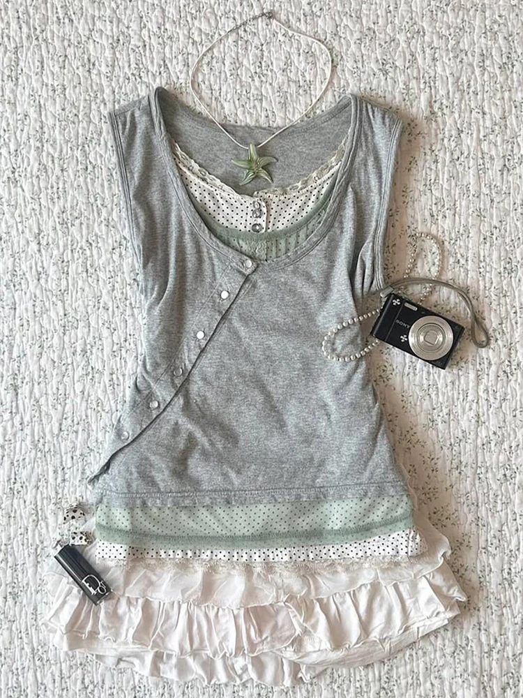 

BaoYao Girl Original Grey Patchwork Mock Two-Piece Set round Neck Sleeveless Vest Women Summer Design Sensation Top