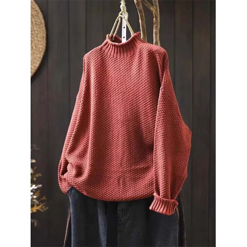 Half High Collar Cotton Sweater For Women 2024 Autumn And Winter Loose Large Size Casual Versatile Pullover Knitted Top A334