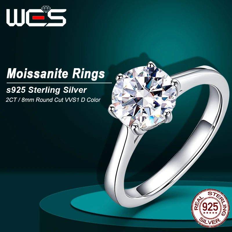 WES 2CT Moissanite Ring VVS1 Lab Diamond 925 Sterling Silver Solitaire Ring for Women Engagement Promise Wedding Band Jewelry