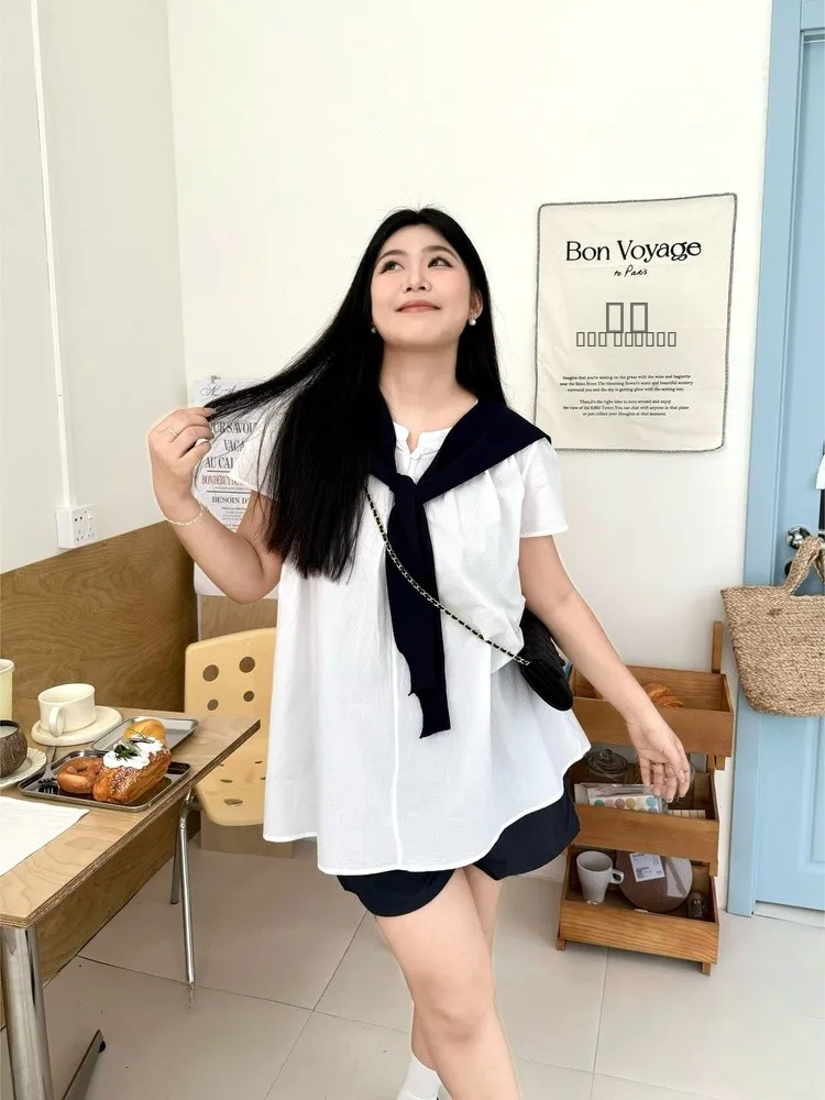

NINI ONE Korean Sle White Casual ort Sve irt for Plump Women Sweet Slimming Breathable Skin-Friendly Summer Top
