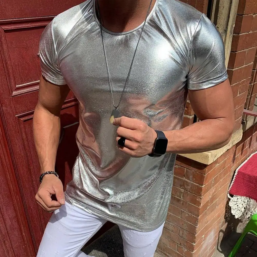 Glossy Surface Men T-shirt Slim Fit Bronzing Tee O Neck Short Sleeves Pullover Solid Color Party Club Performance Dance Top