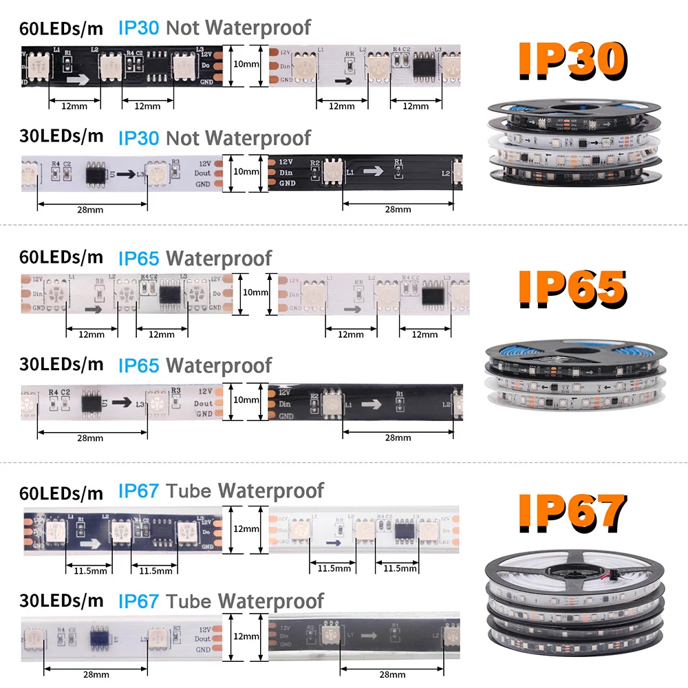 Bande lumineuse LED RVB, ruban de pixels adressables, ruban LED numérique flexible, décoration de la maison, WS2811, 30, 60, 12V, 5050, 1m, 2m, 3m, 4m, 5m