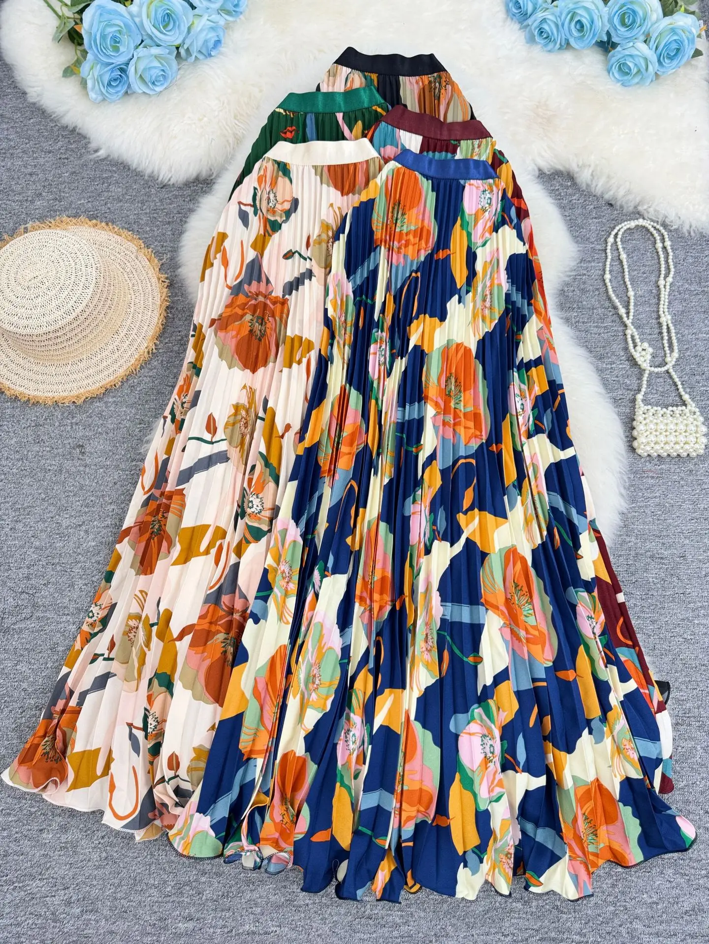 Harajuku Niche Green Floral Print Pleated Maxi Skirt High Waist A-line Flowy Skirt For Women Elegant Summer Beach Vacation Wear
