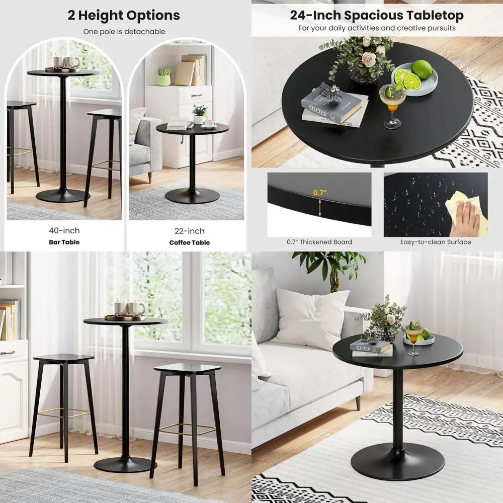 

Convertible 24 Round Bar Table with Detachable Pole, Metal Base, 40/22 Height, Suitable for Home, Restaurant, Kitchen, Black