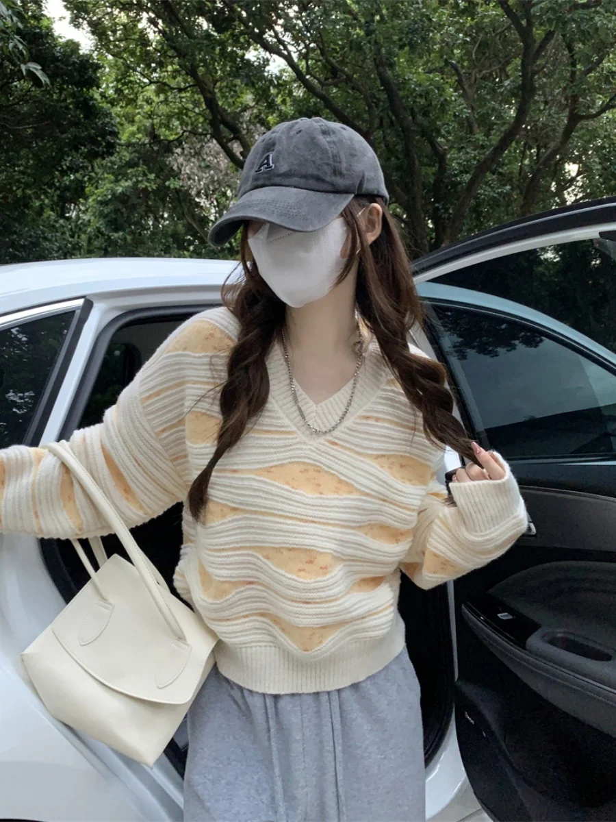 

Корейский женский вязаный свитер в полоску V-Ne Long Sve, весенне-осенний дизайн, свободный топ Sensation Faion