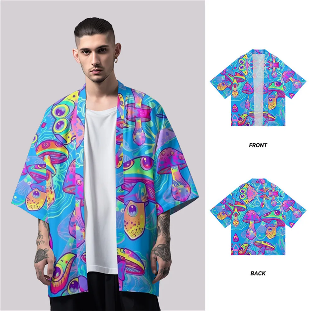 

Цветное кимоно с грибами, мужской кардиган Harajuku Haori, японские женские пляжные юката, самурайские топы для косплея