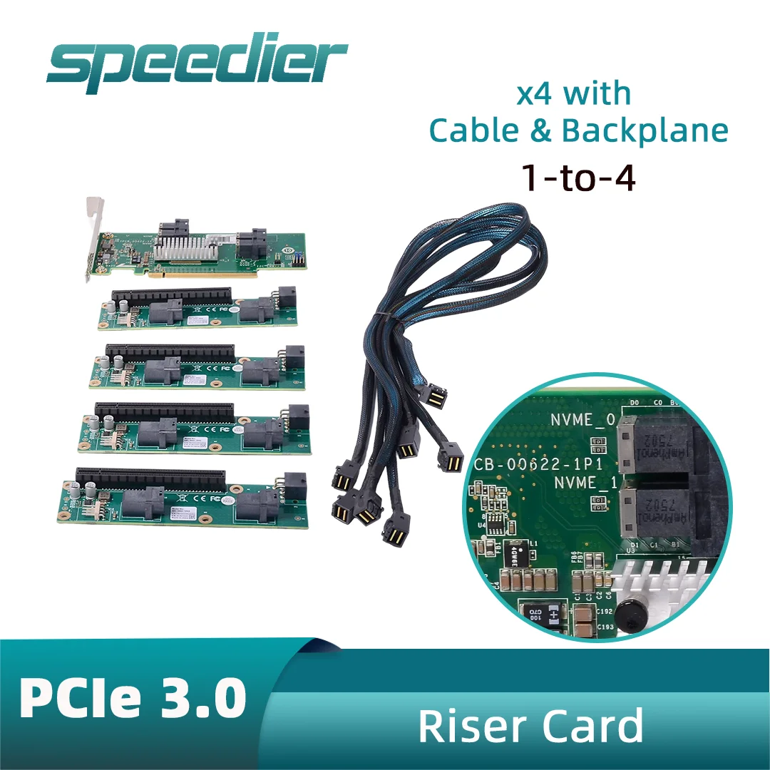 PCIe 3.0 Adapter Card Baseplate X4 speed 1-to-4 with Riser Cable for Graphics Cards External Expansion SFF-8654 SFF-8639 8643