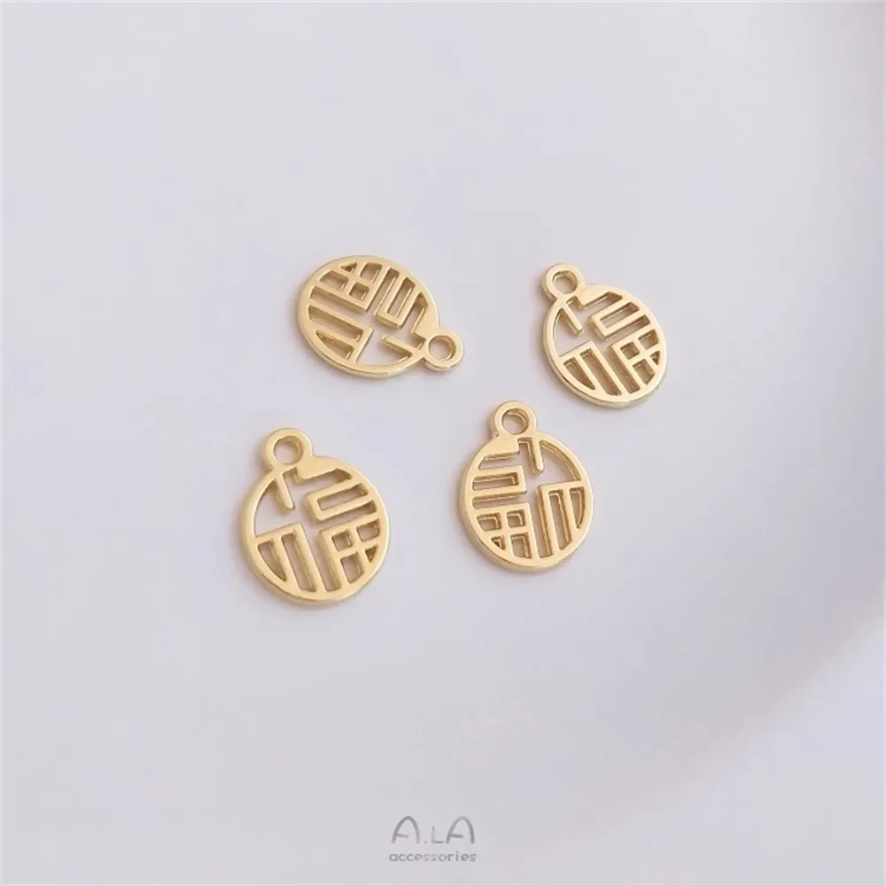 14K Genuine Gold Auspiciousness Peace Fortune Round Sign Pendant Bracelet Jewelry Small Pendant Charms K422