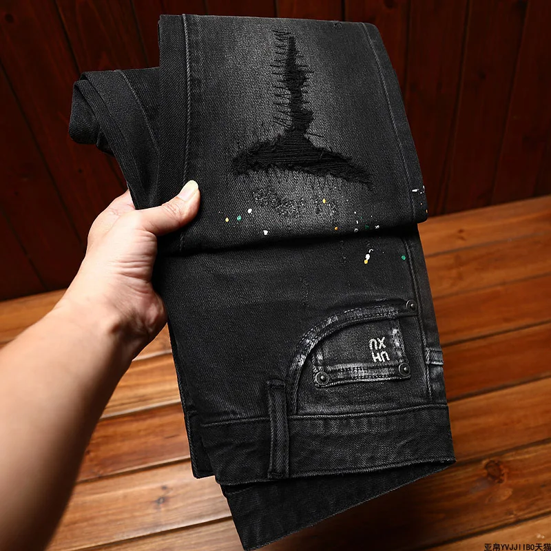 Black Distressed Men Jeans With Patches And Splashed Ink Fashionable And Personalized Casual Elastic Slim Fit Straight Leg Denim