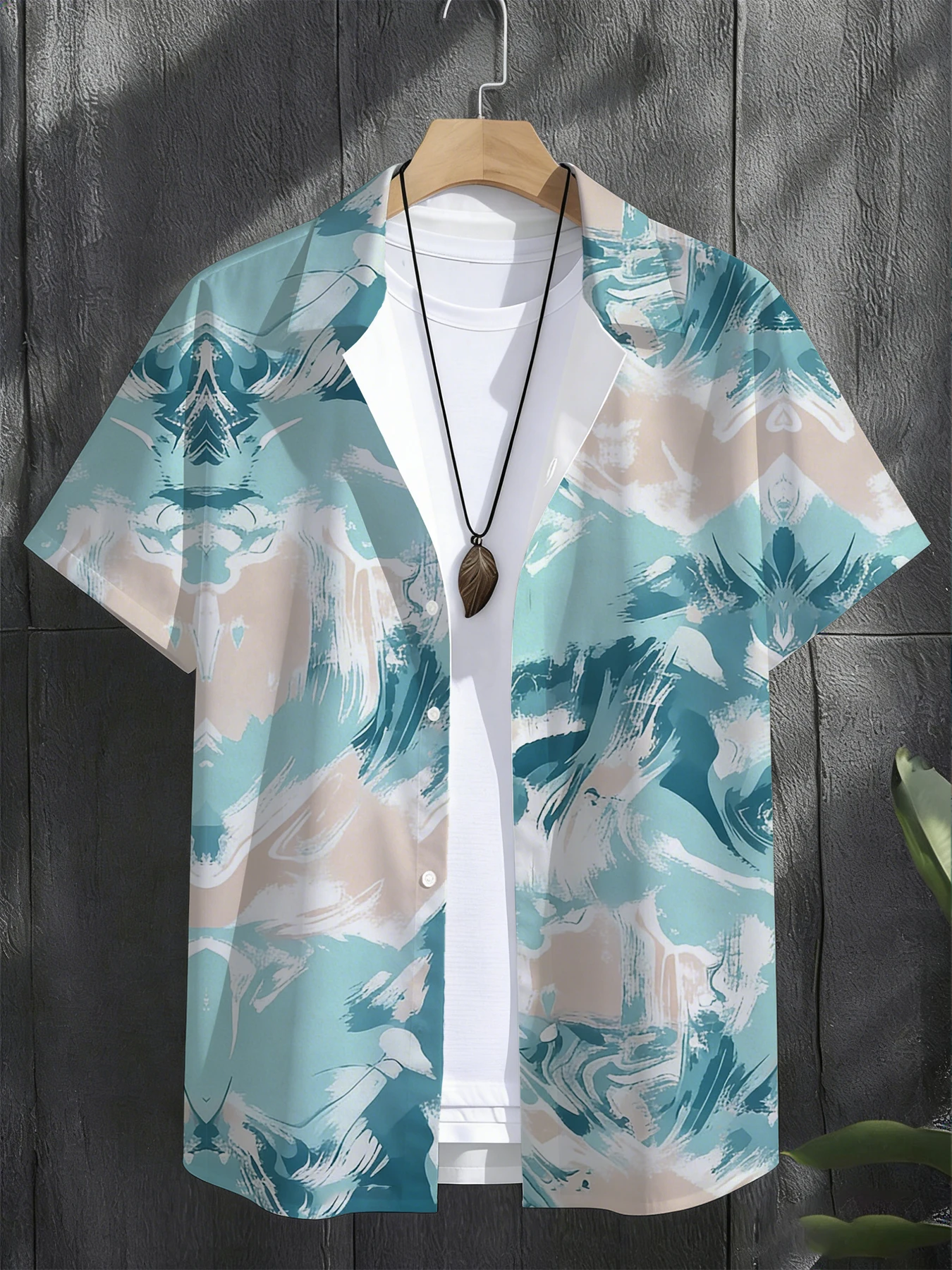 

Men's Premium Abstract Ink Wash Print Short Sleeve Shirt, Camp Collar Button Down, Elevated Beach & Resort Wear