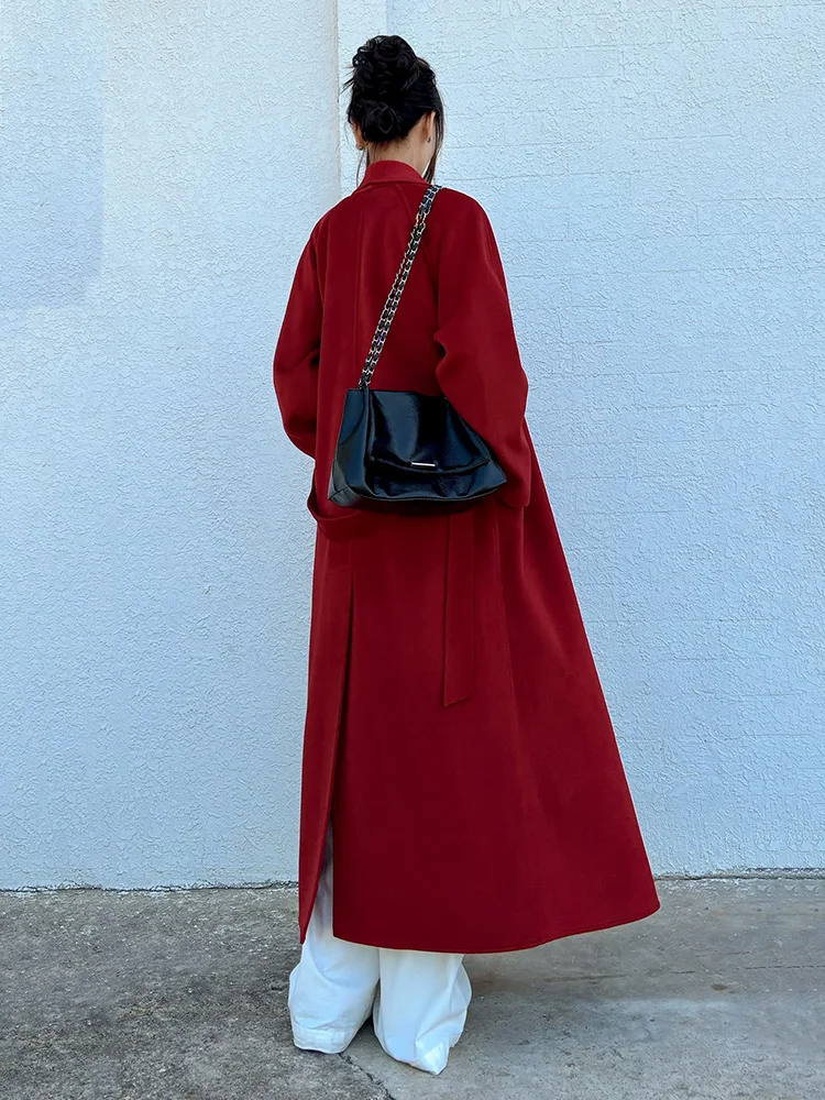 New Women Elegant Red Wool Blends Overcoat Autumn Winter Fashion Turn-down Collar Slim Waist with Belt Double-Faced Wool Coat
