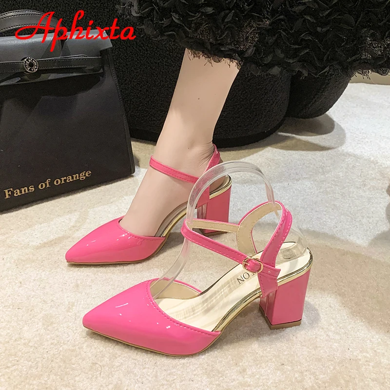 Aphixta Summer Hot Sale 7cm Square Heel Ankle Strap Pointed Toe Sandals Women Patent Leather Shoes Pimp Plus Big Size 46