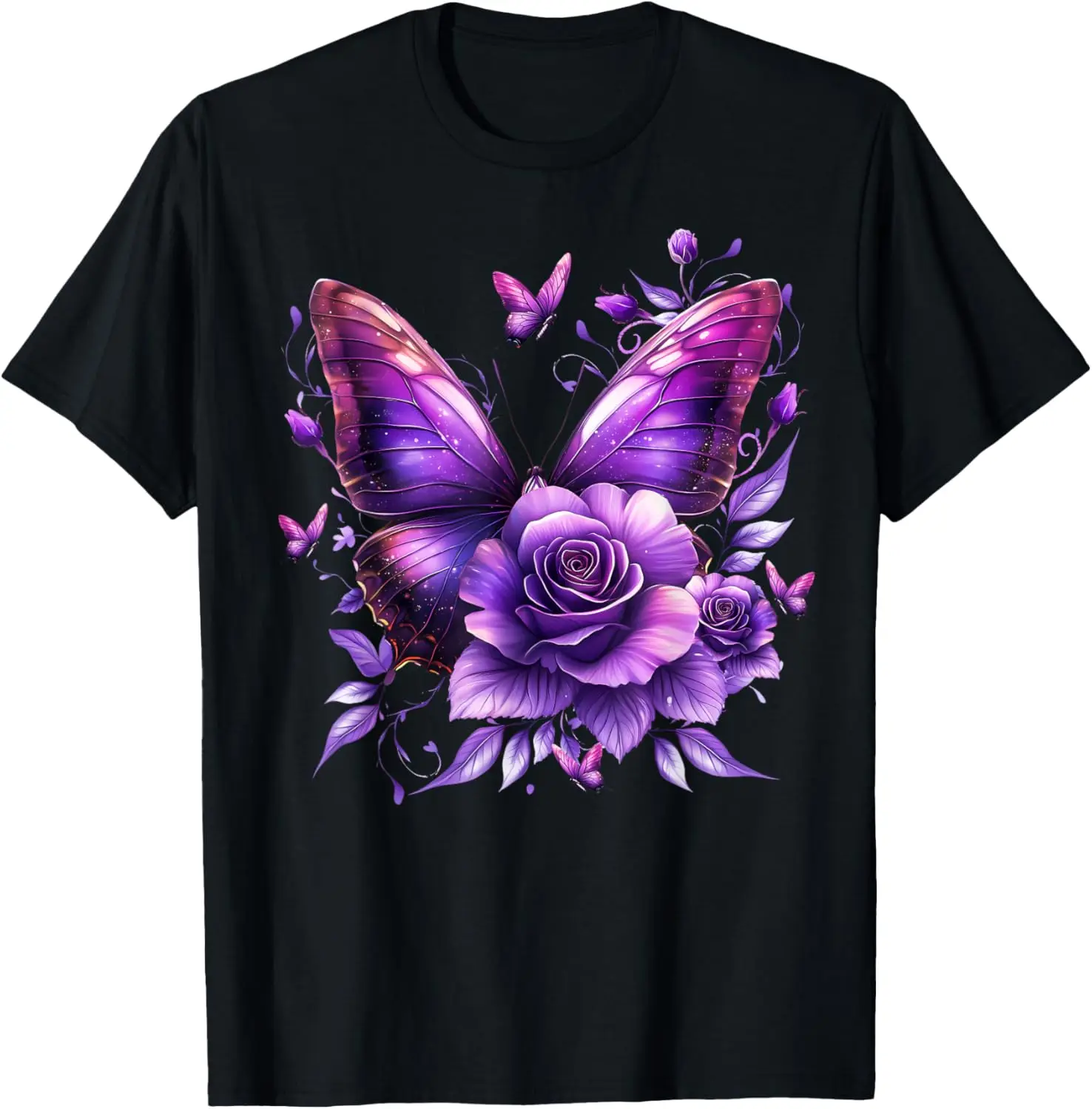 

Purple Butterfly Rose Floral Graphic Tee Men Breathable Cotton Short Sleeve Casual Trip T-Shirt