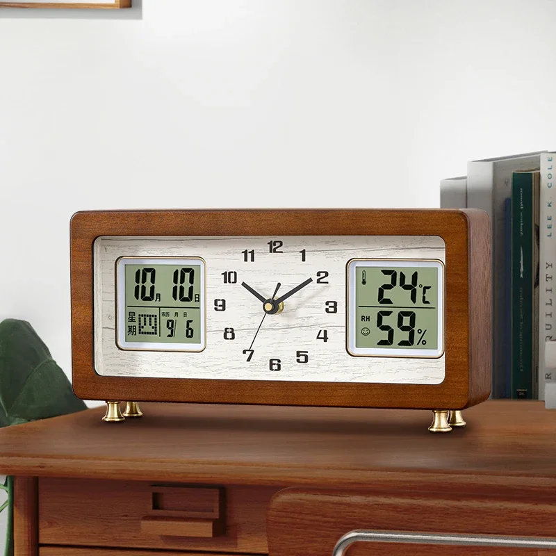 Retro Table Clock with Temperature and Humidity Date Desktop Decorative Ornament Accessories Desk Clock Calender Thermometet