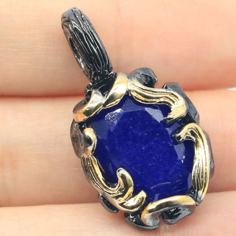 

30x16mm Neo-Gothic Vintage 8g Real Green Emerald Blue Sapphire Women Present Black Gold Silver Pendant