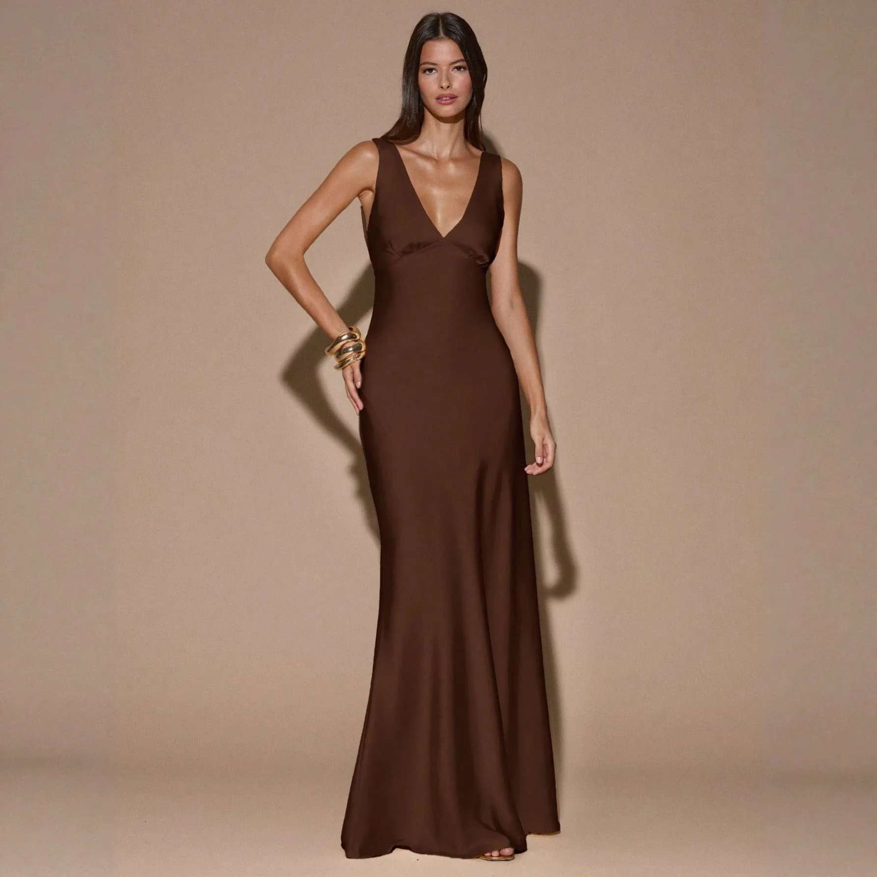 Single V Neck Slim Fit Gown with Commuter Chic Graceful Waist Cinching Maxi Length Seam Stitching Dress Summer for Women