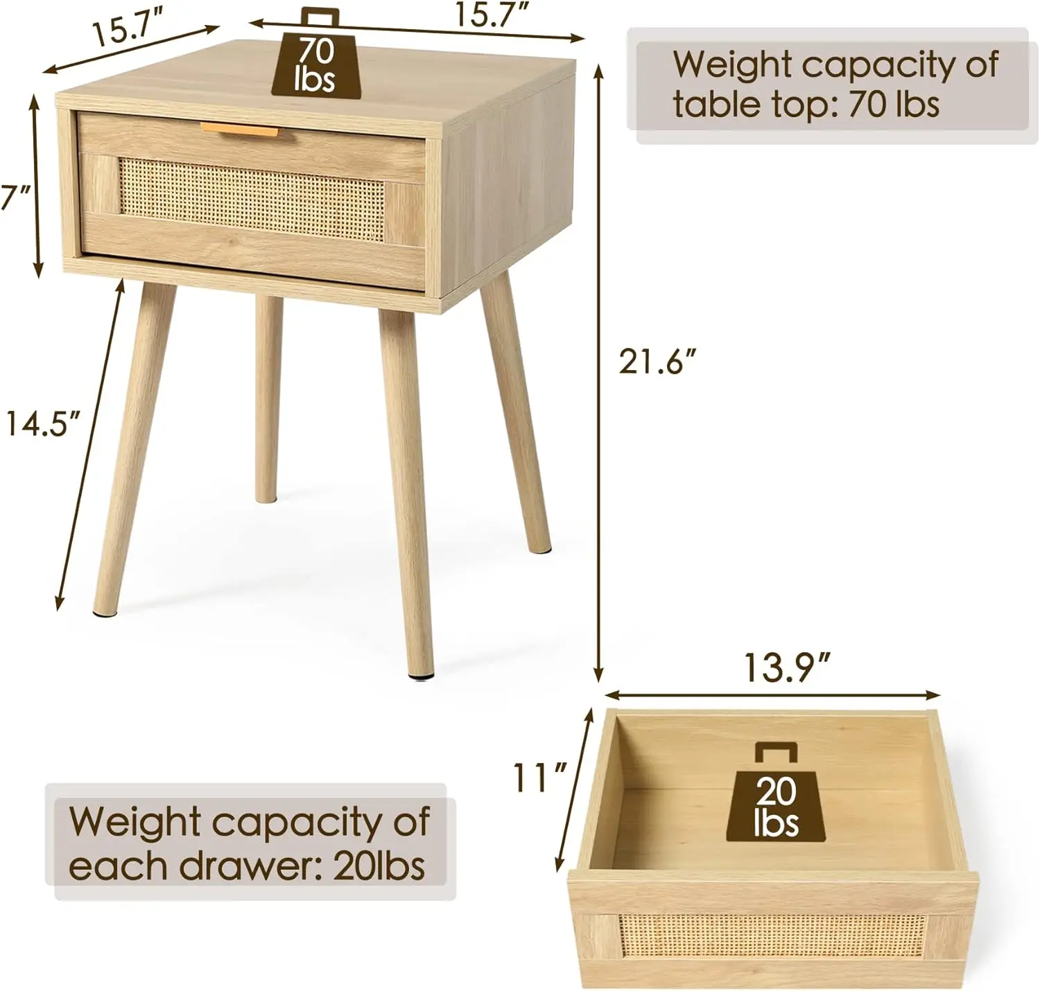 Table de chevet en bois avec tissage en rotin, table de chevet MELHome, rangement pour chambre à coucher, ensemble de 2