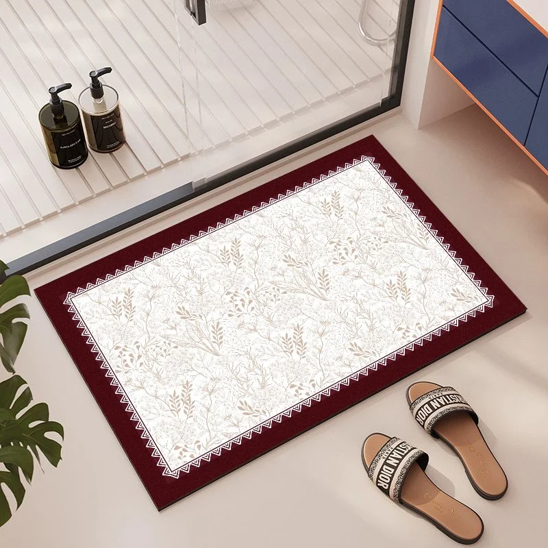 VIKAMA Wine Red Retro Line Drawing Plant Flower Floor Mat, Absorbent Quick Drying Anti Slip Wear-Resistant Bathroom Carpet
