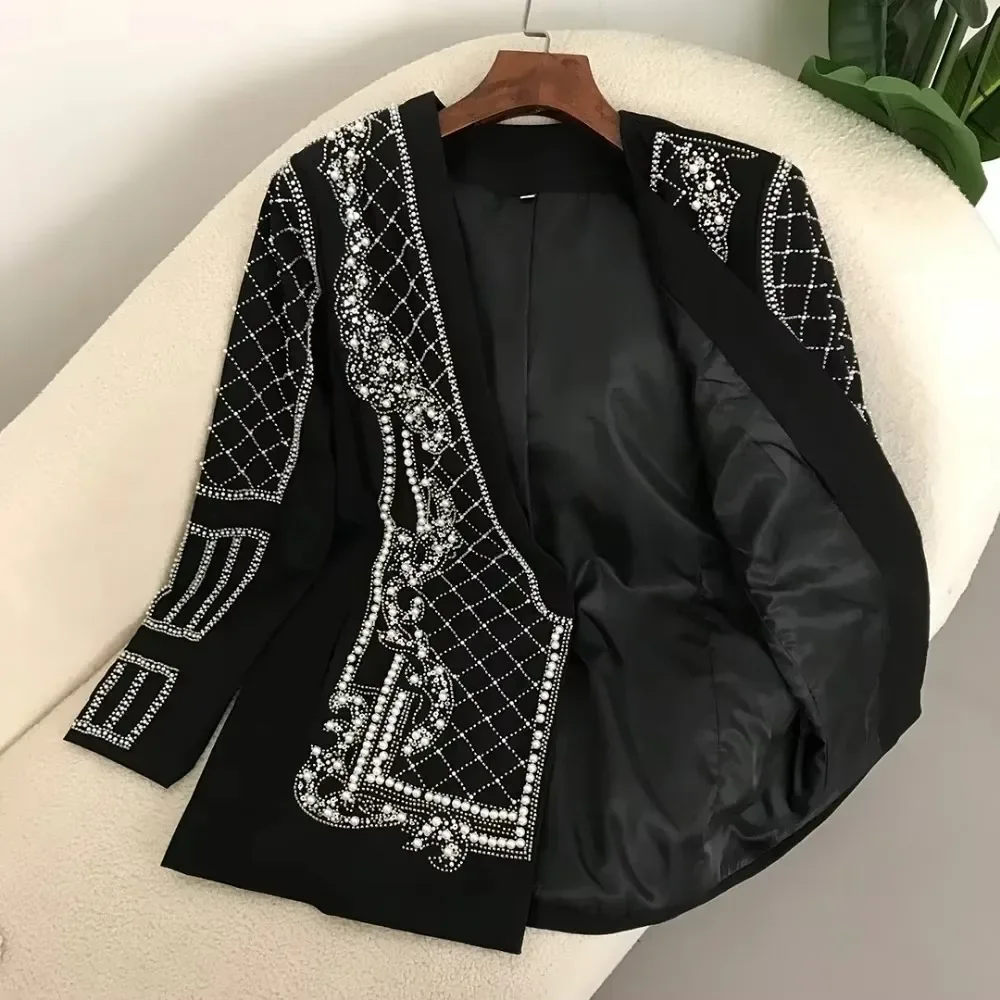 Pop Suit Jacket Spring Blazer Women Fashion Handmade Pearl Beaded Shawl Collar Hidden Breasted Long Sleeve Suit Jackets 2025 New