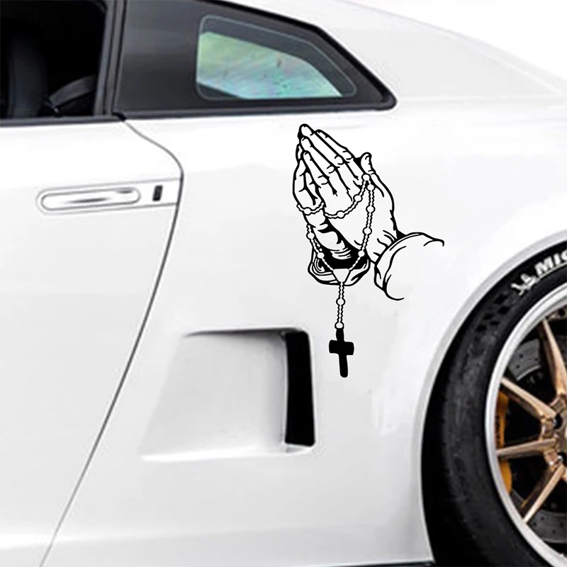 Car Praying Hands With Rosary Sticker Decals Truck Window Bumper Vinyl Decal Car Sticker