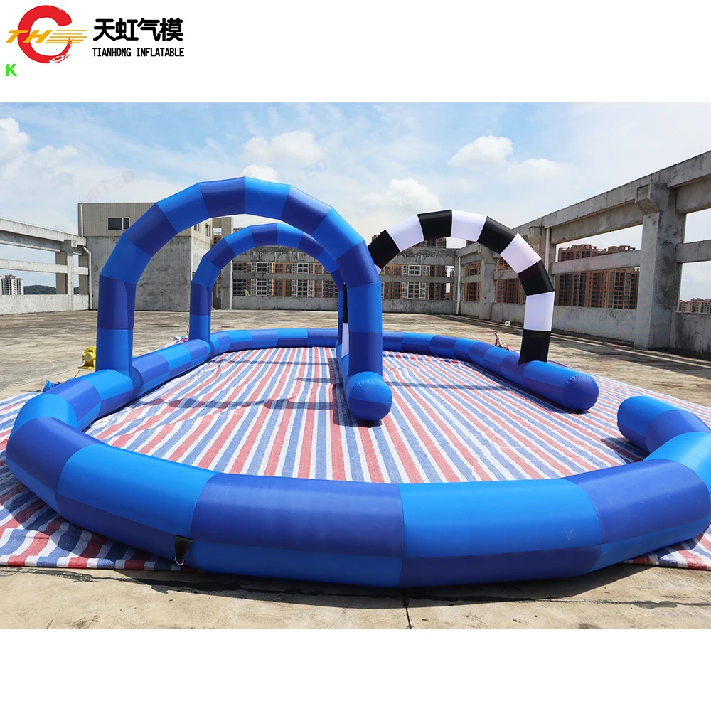 Pista de carreras de bola Zorb inflable azul, tela Oxford, pista de carreras de Gokart inflable con soplador, 12x6m, envío rápido por aire