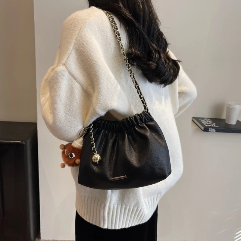 Soft Leather Shoulder Bag Adorable Furry Monster Pendant ,Two-tone Interwoven Chain Crossbody Strap Minimalist Underarm Bags