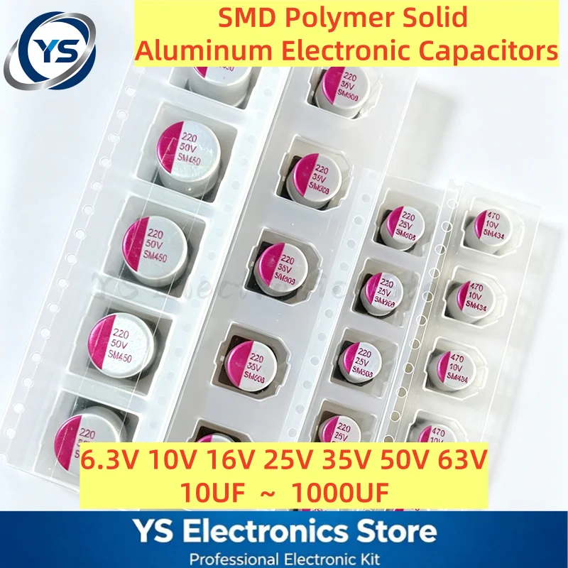 10 Stück SMD-Feststoffkondensator, Polymer-Aluminium-Elektrolyt, 6,3 V, 10 V, 16 V, 25 V, 35 V, 50 V, 63 V, 47 uF, 100 uF, 220 uF, 470 uF, 1000 uF, niedriger ESR, NEU