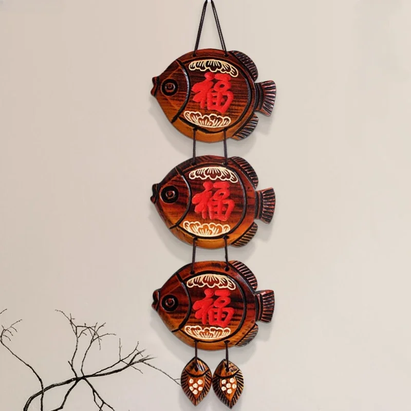 Chinese Style Allegorical Fish Wall Decor, Festive Feng Shui Windbell, Anti-Cracking Wood Craft for Home and Garden