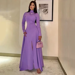 Customized High Neck Purple A-line Jersey Evening Dress Full Sleeves Split Draped Full Sleeves Floor Length Party Prom Gown
