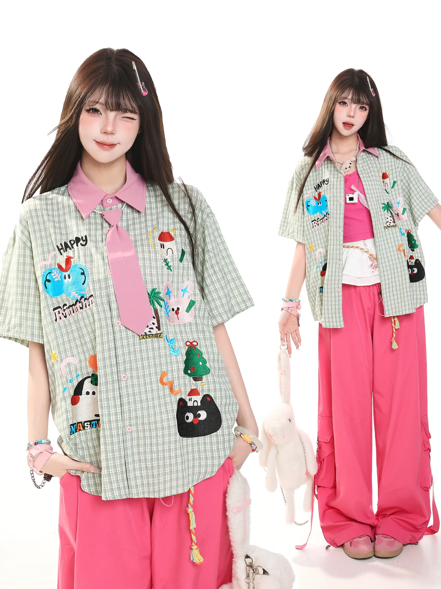 

Casual Loose Women's Short Sleeve Shirt Cartoon Animal Embroidery Plaid Summer Color Block Tie Loose Fit Casual Top