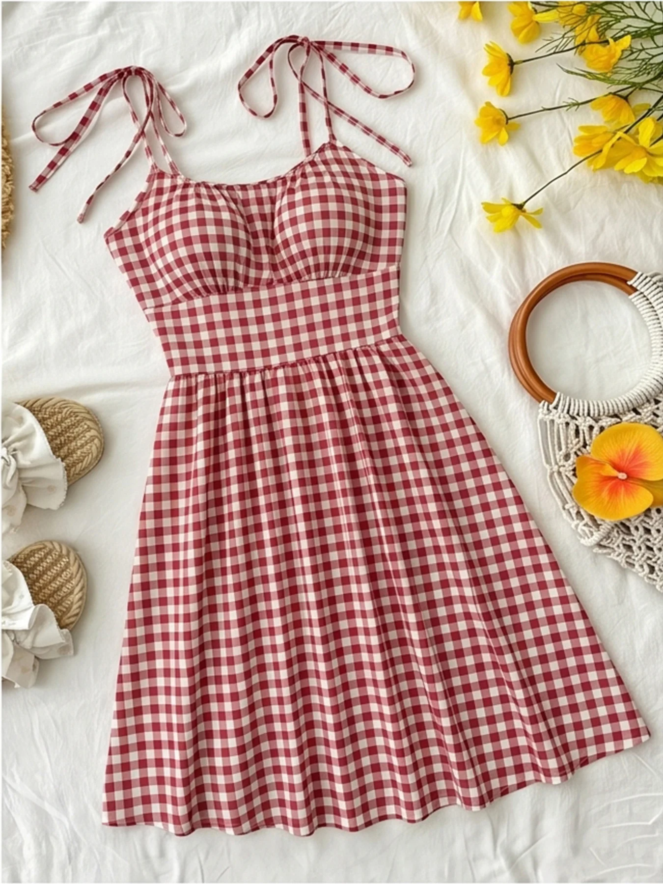 Teenagers' Strapless round Neck Sleeveless Dress Checkered Pattern with Suspender Straps Long Skirt Waist Children's Clothing
