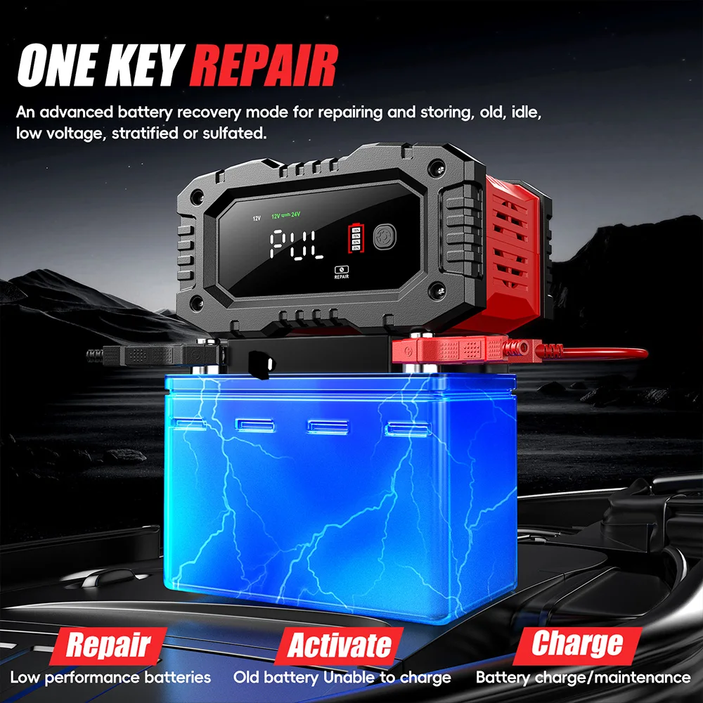 

FOXSUR 20A/10A Car Motorcycle Battery Charger 12V/24V Smart Charger Lithium AGM GEL Lead-Acid LiFePO4 Battery Chargers1 Set