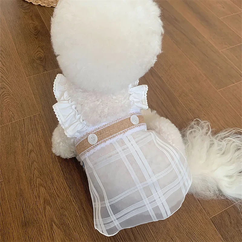 

White Pet Clothes Summer Transparent Mesh Dress Cat Plaid Pleated Shoulder Strap Vest Dress Teddy Pet Dog Clothes for Small Dogs
