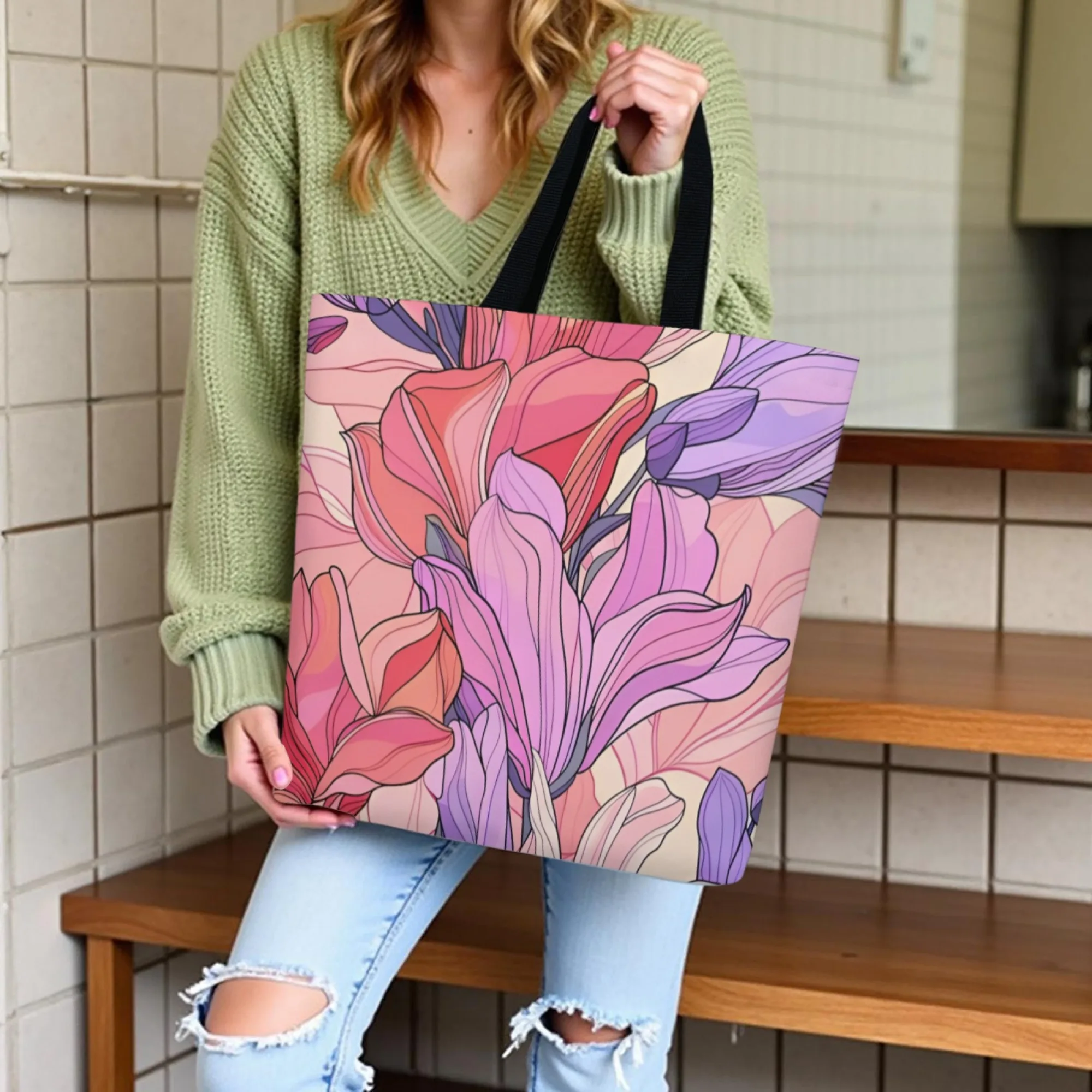 Gentle and Soothing Gradient Purple-pink Floral Print Canvas Tote Bag for Women Artistic Style for Daily Study Work Shoulder Bag