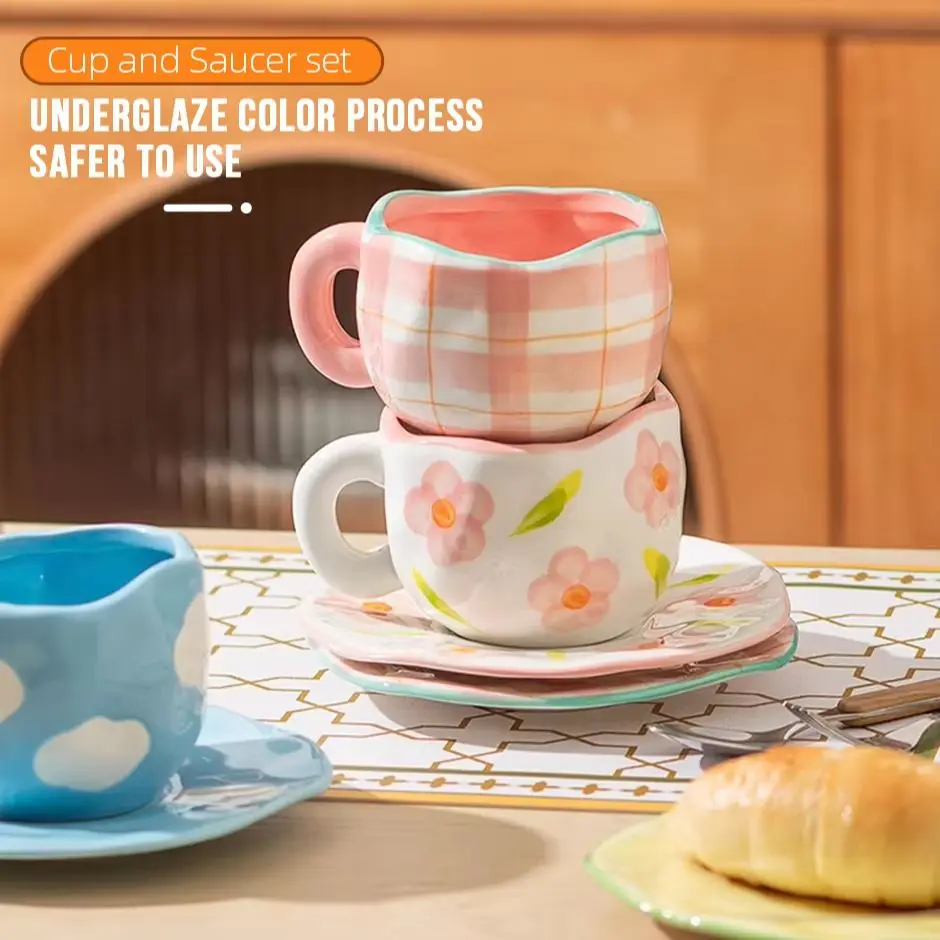 Hand‑Painted Flower Ceramic Coffee Mug Set Home Office Coffee Cup With Plate Breakfast Milk Juice Tea Handle Cup Gift Drinkware