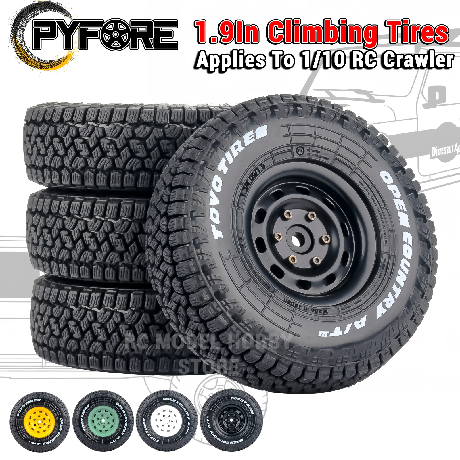 PYFORE 1.9In Climbing Tires 4PCS Metal Ball Joint Wheel Hub 105*34mm 12mm Hexagonal Connector for 1/10 RC Model Car Crawler