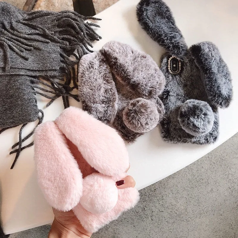 3D Cute Rabbit Fur Phone Case For Moto Razr 50 Ultra Razr 60