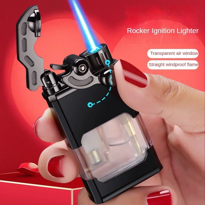Jet Flame Rocker Arm Transparent Gas Window Luminous Lighter, Torch Lighters, Smoking Accessories, Metal Windproof, Rare Lighter