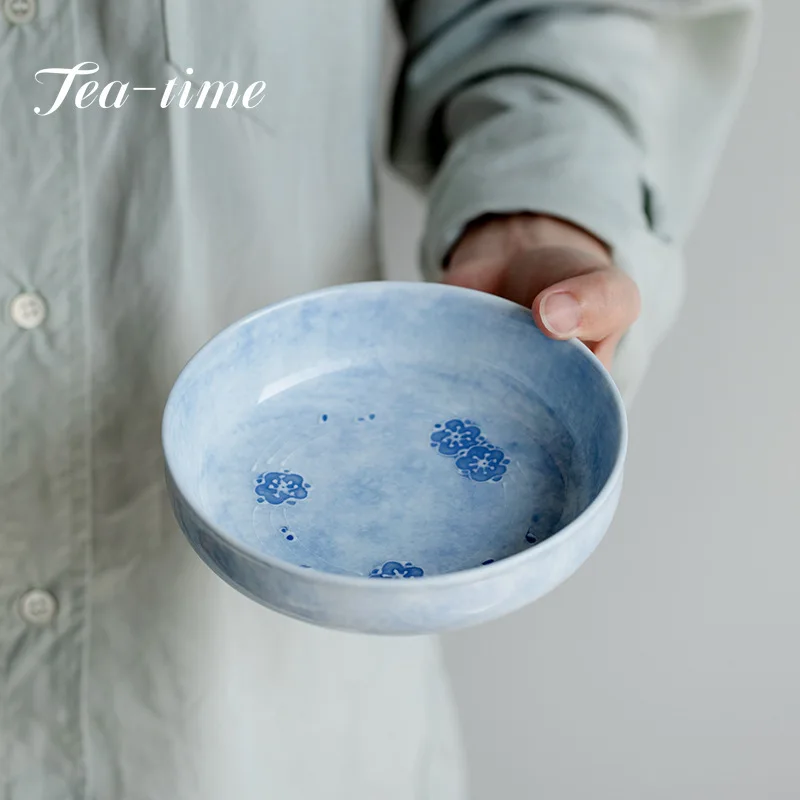 

Pure Hand-painted Cherry Blossom Pot Bearing Support Blue Mist Ceramic Cover Bowl Teapot Tray Household Tea Tray Drain Tea Table