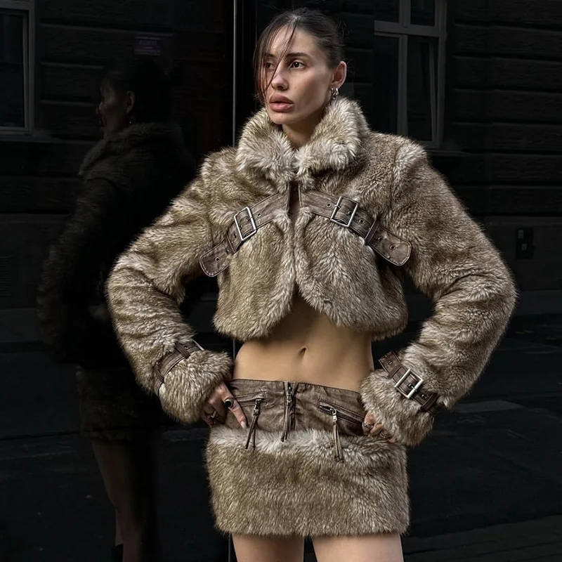 

Winter Y2K Retro Design Faux Fur Spliced Leather Skirt Hot Girl f-length Skirts Faionable Fake Fur Patchwork Skirts