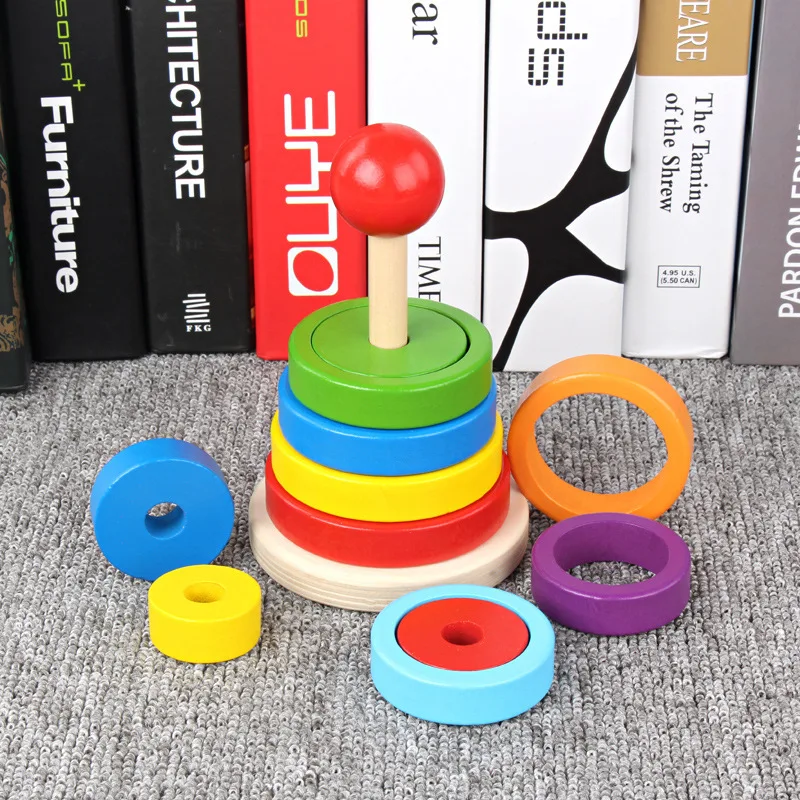 Wooden Geometric Round Stacking Montessori Toys Building Blocks Early Education Montessori 3D Puzzle Shape Rainbow Toys